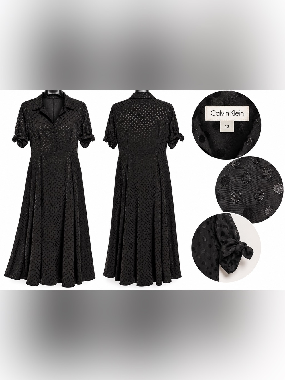 Calvin Klein Womens 12 Black Polka Dot Maxi Shirt Dress Tie Sleeve Belt Missing